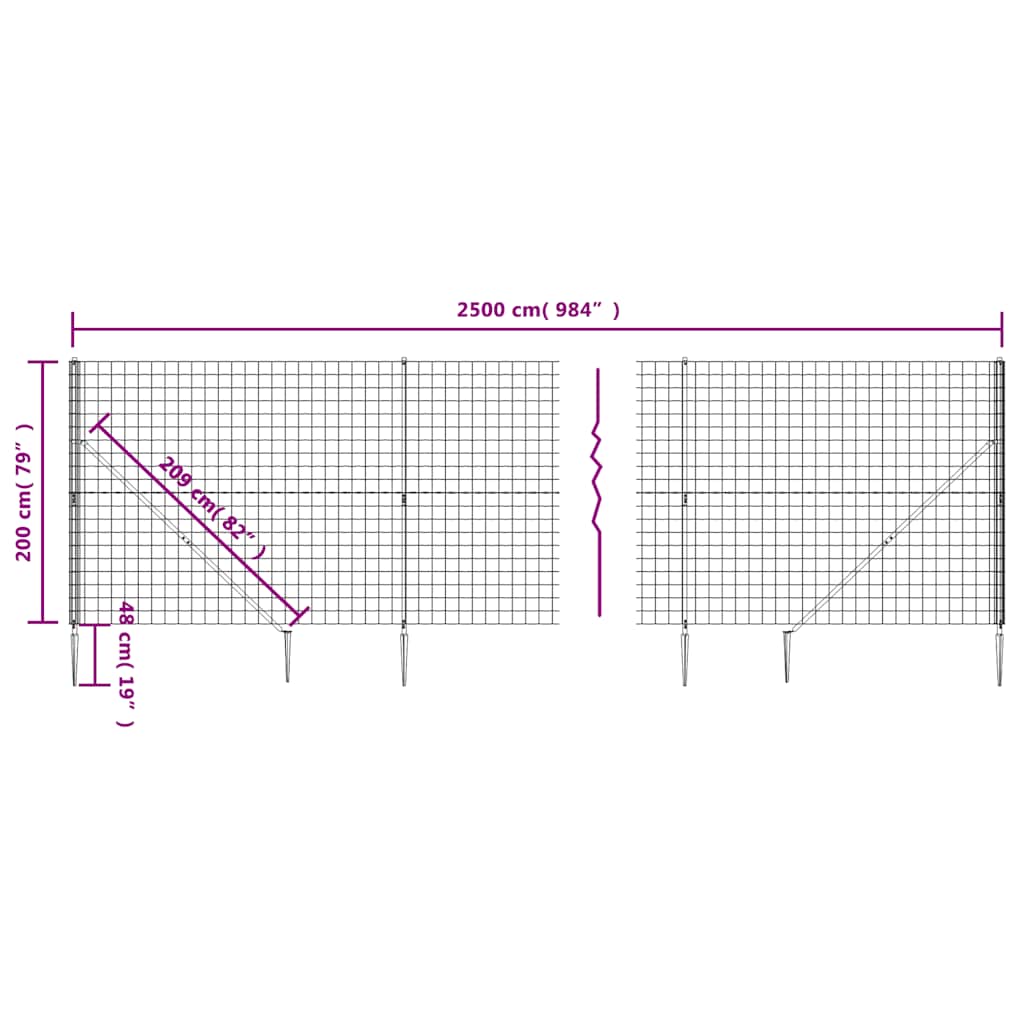 vidaXL Maschendrahtzaun mit Bodenhülsen Anthrazit 2x25 m