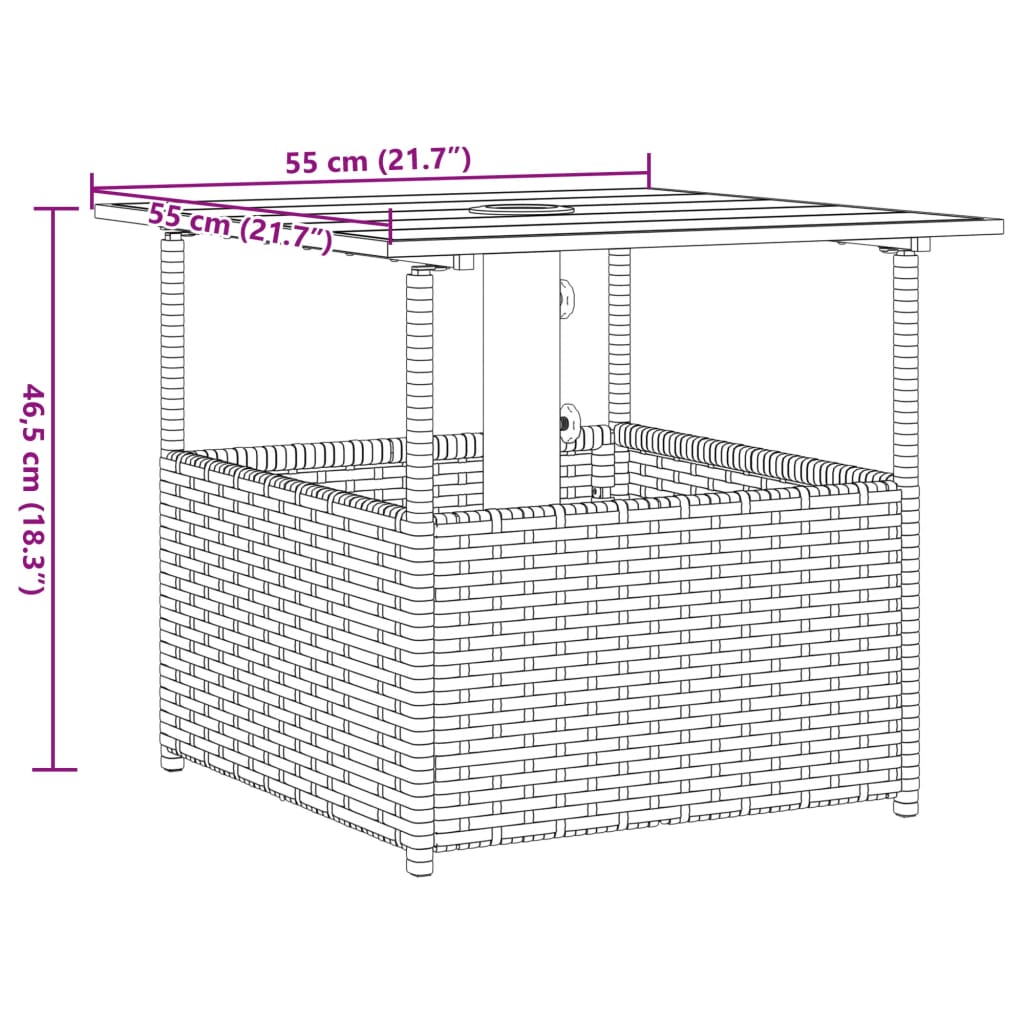 vidaXL Table de jardin avec trou pour parasol Marron 55x55x46,5 cm Résine tressée
