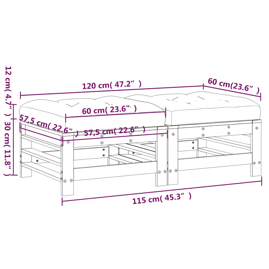 vidaXL Gartenhocker mit Kissen 2 Stk. Grau Massivholz Kiefer