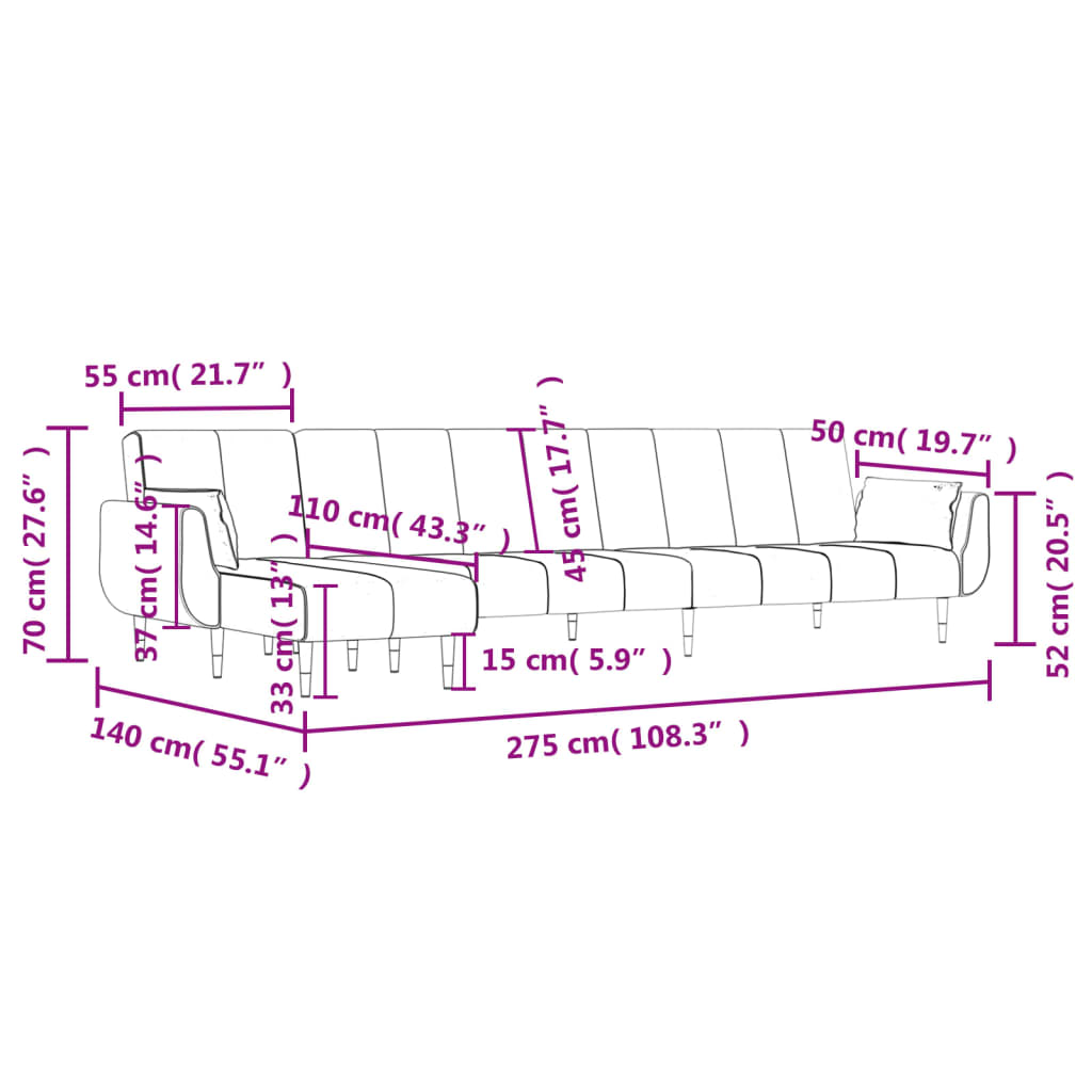 vidaXL Schlafsofa in L-Form Dunkelgrau 275x140x70 cm Samt