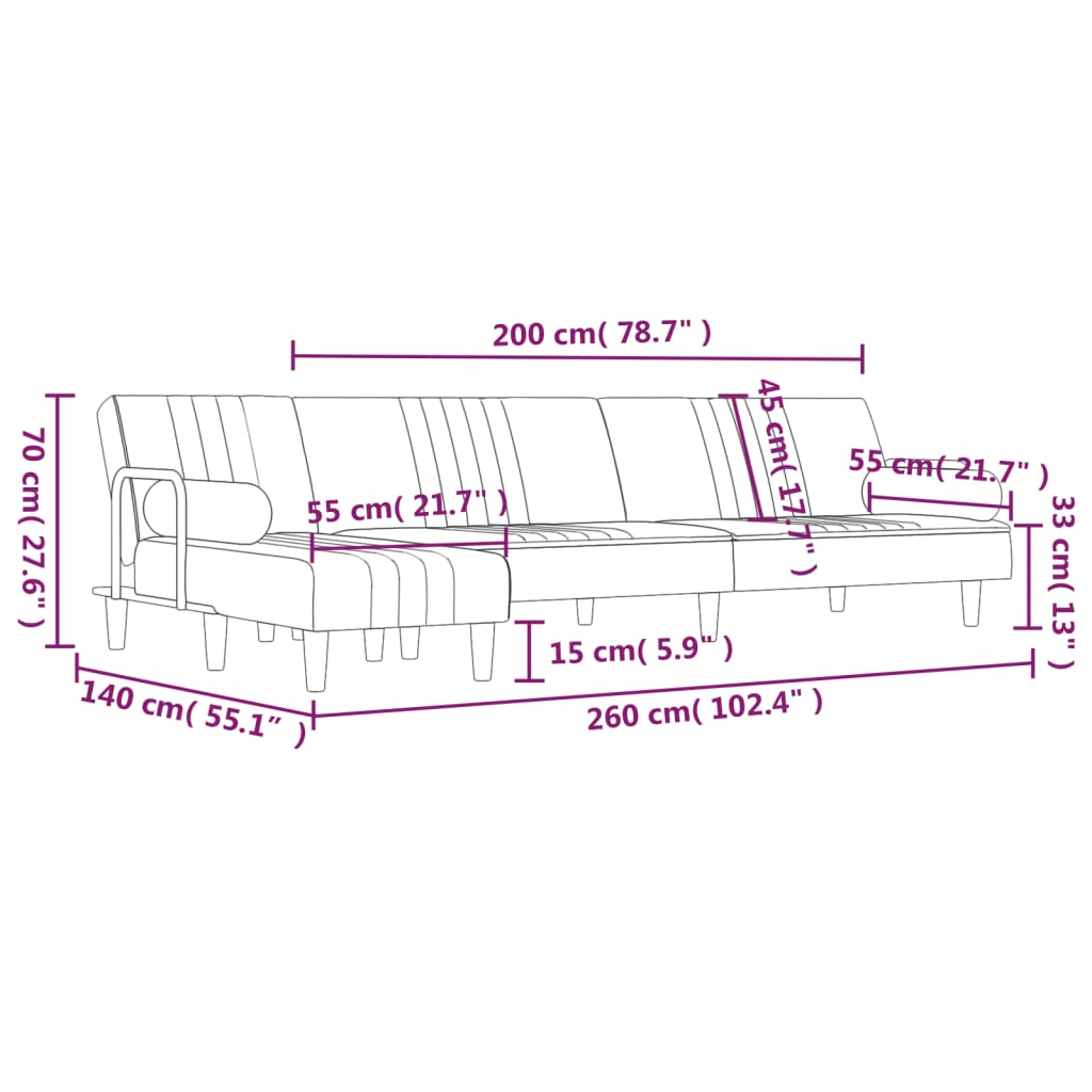 vidaXL Schlafsofa in L-Form Hellgrau 260x140x70 cm Samt