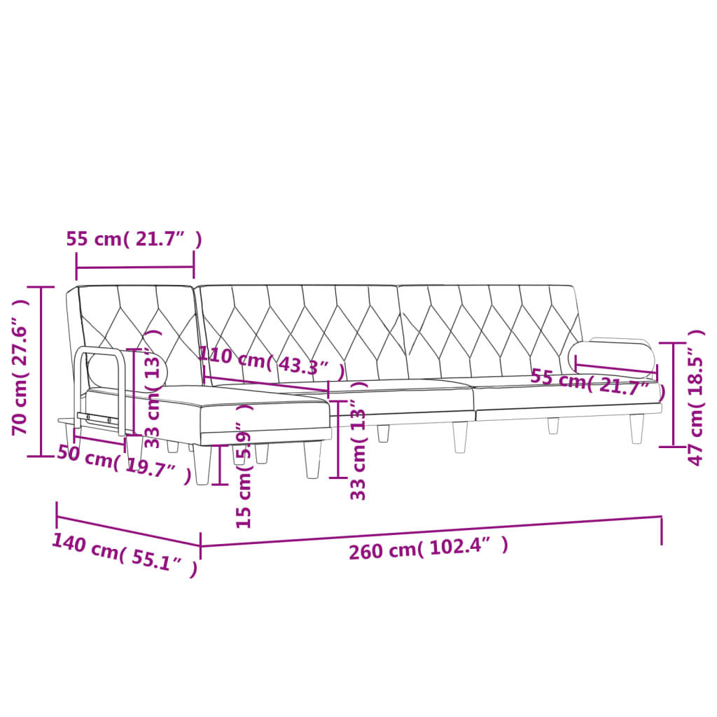 vidaXL Schlafsofa in L-Form Hellgrau 260x140x70 cm Stoff