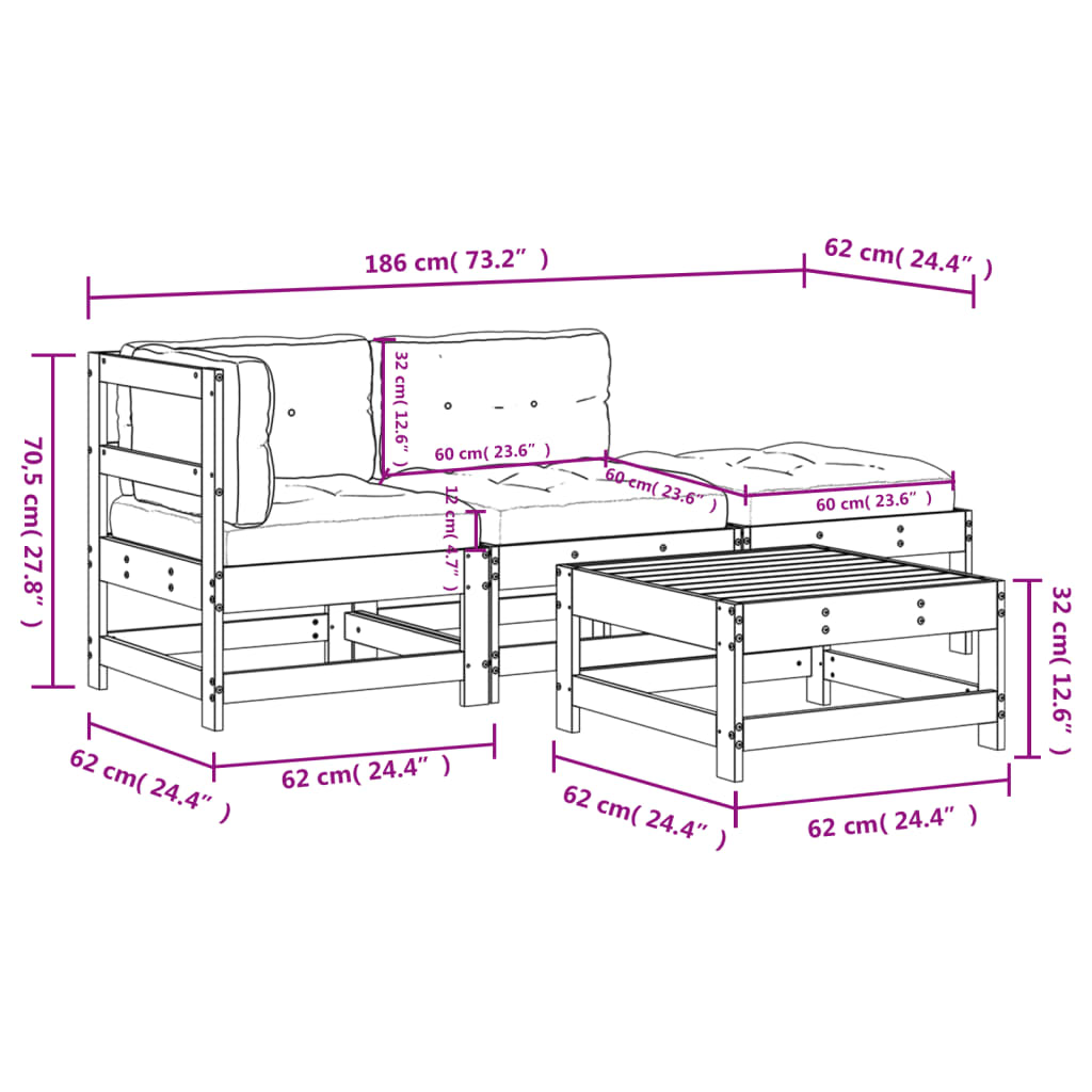 vidaXL Salon de jardin 4 pcs avec coussins Noir Bois massif