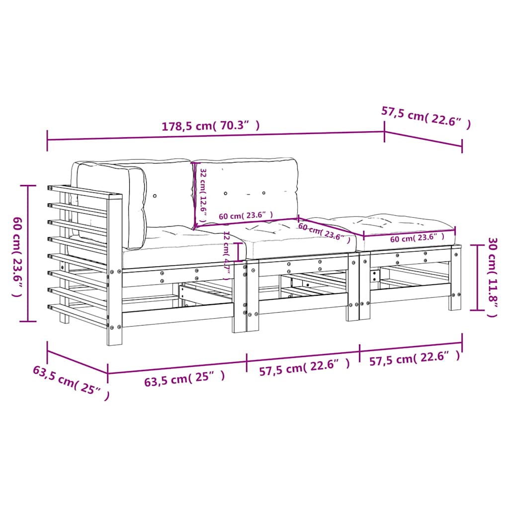 3-tlg. Garten-Lounge-Set mit Kissen Grau Massivholz