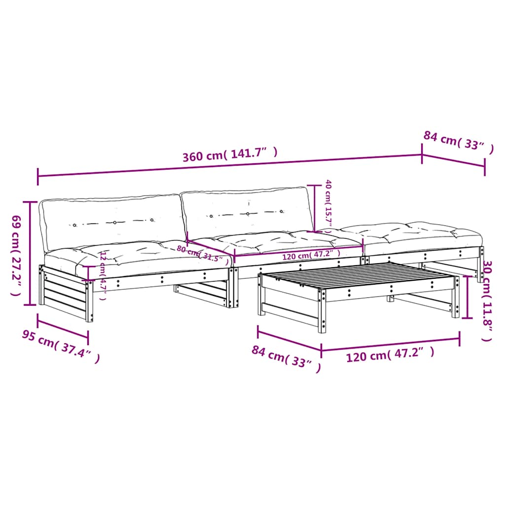 vidaXL 4-tlg. Garten-Lounge-Set mit Kissen Schwarz Massivholz