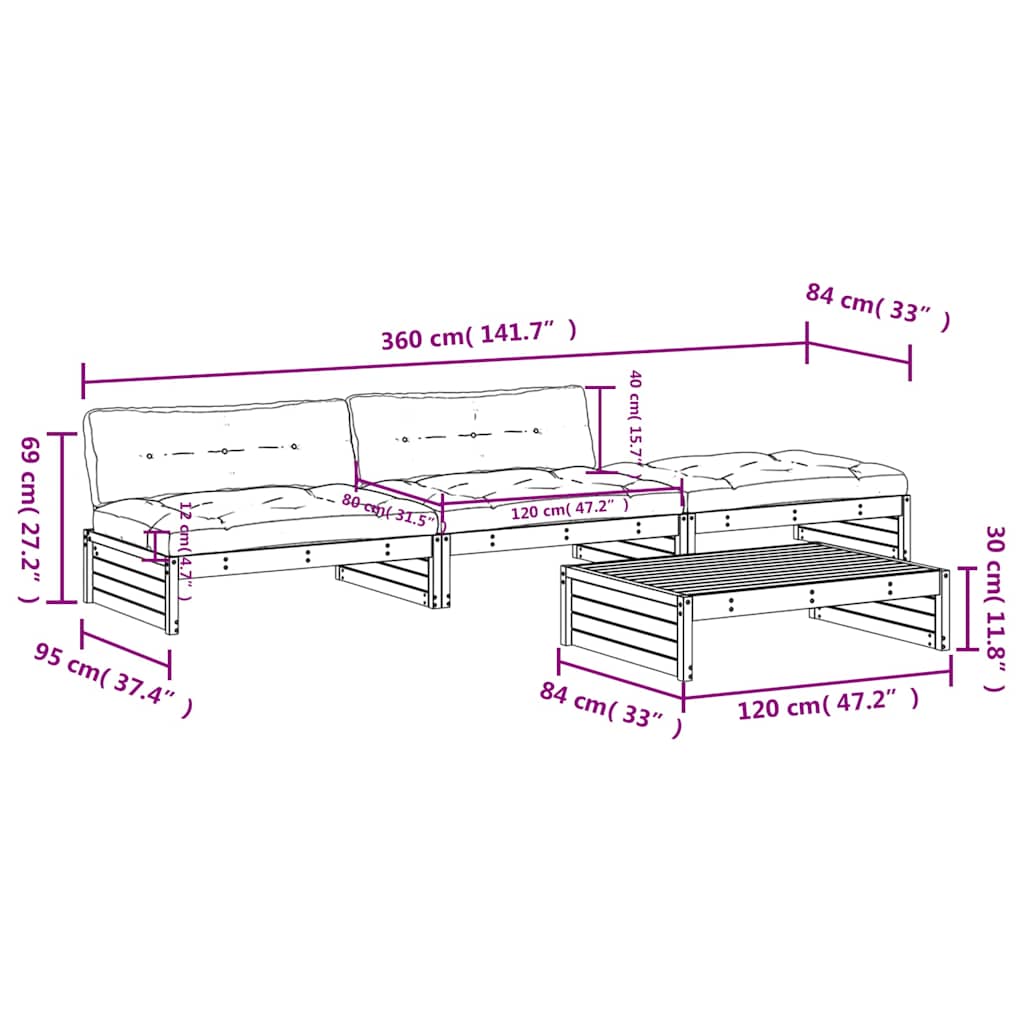 vidaXL Salon de jardin 4 pcs avec coussins Noir Bois massif