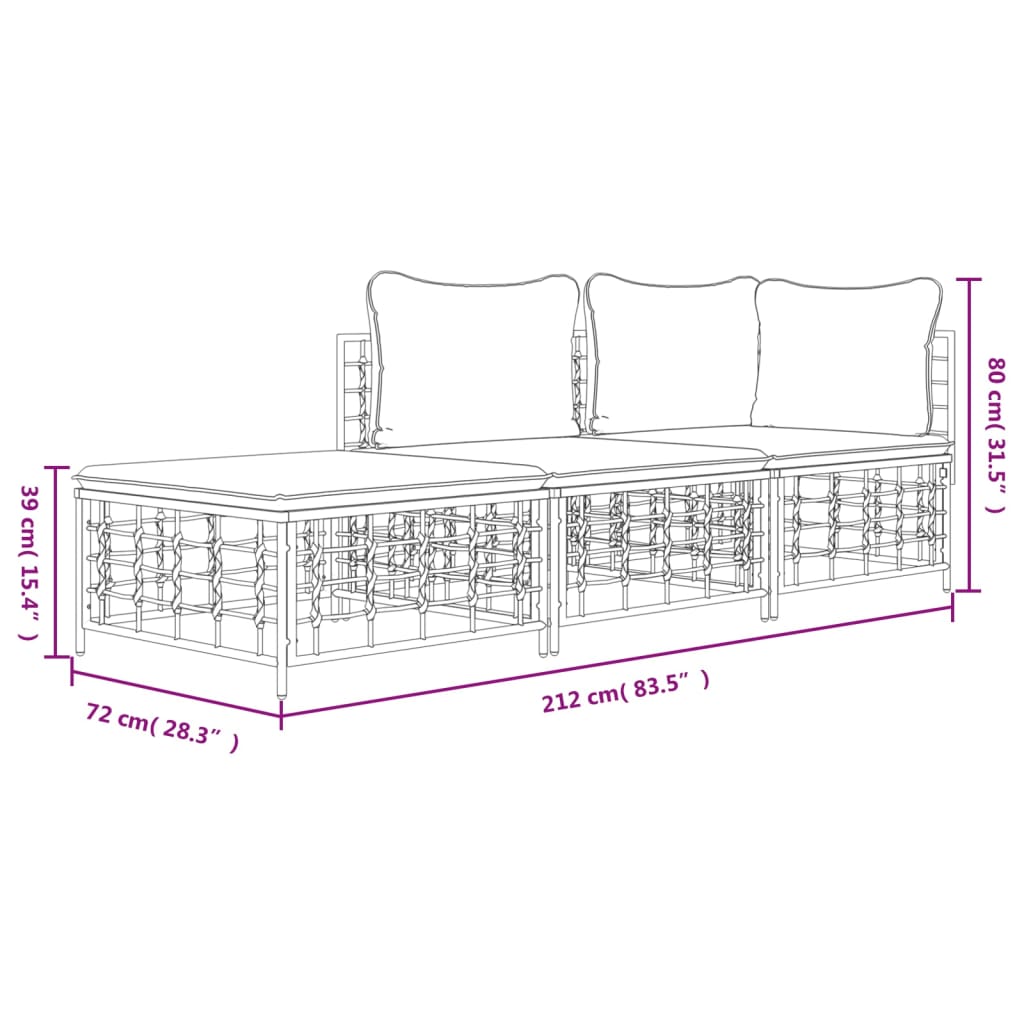 vidaXL Salon de jardin 3 pcs avec coussins Anthracite Résine tressée