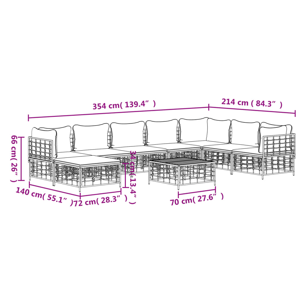vidaXL Salon de jardin 9 pcs avec coussins anthracite résine tressée