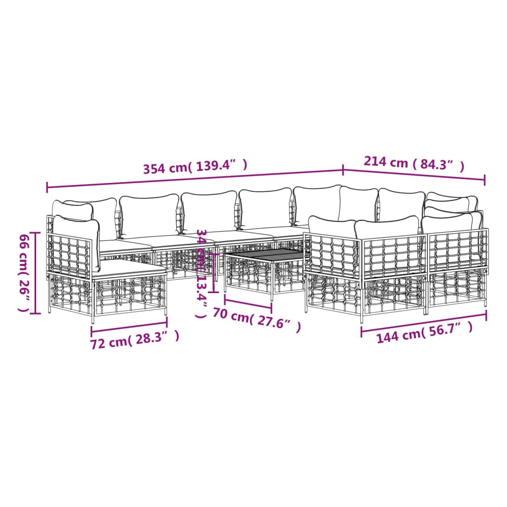 vidaXL Salon de jardin 11 pièces avec coussins Résine tressée anthracite