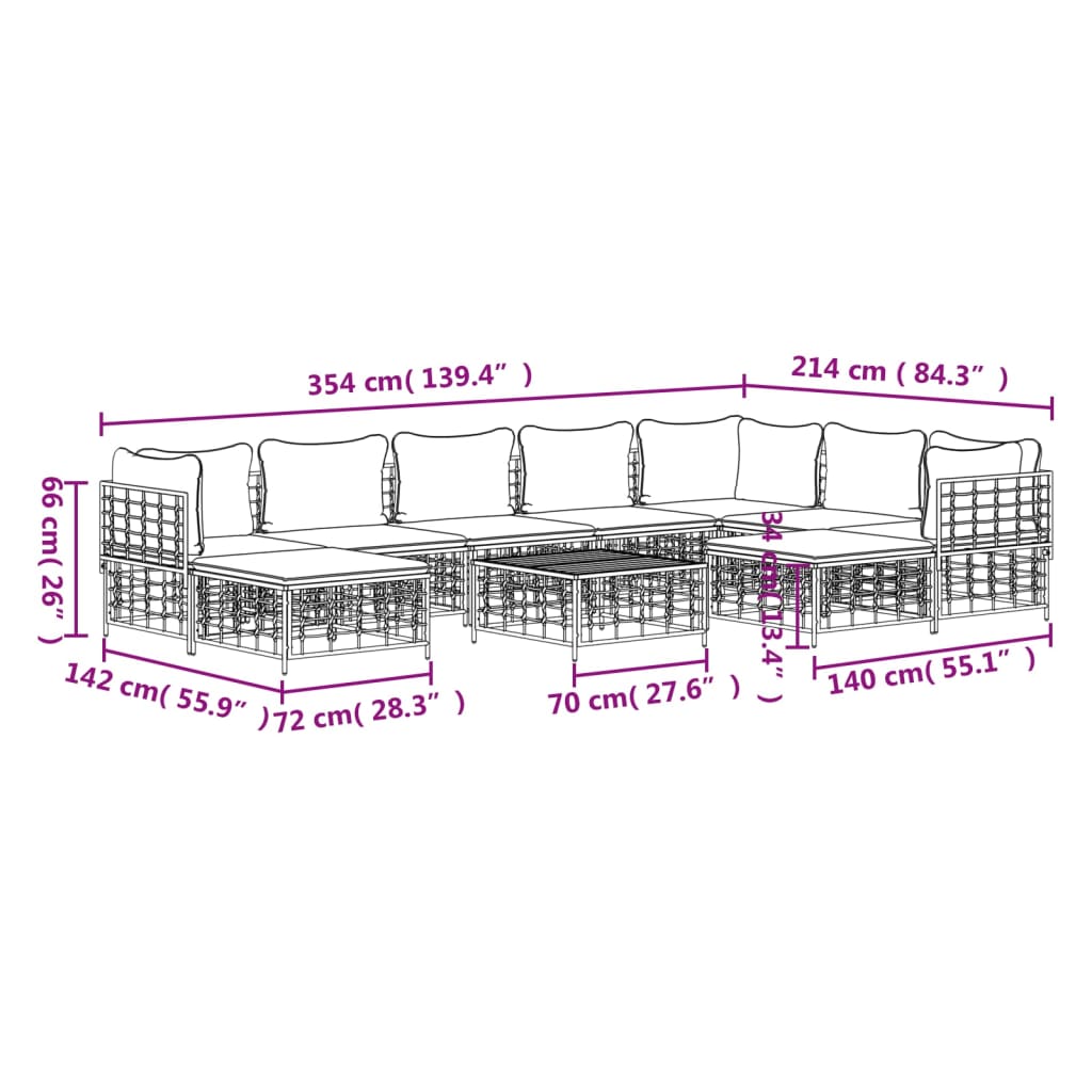 vidaXL Salon de jardin 10 pcs avec coussins anthracite résine tressée