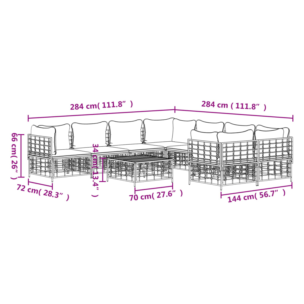 vidaXL Salon de jardin 9 pcs avec coussins anthracite résine tressée