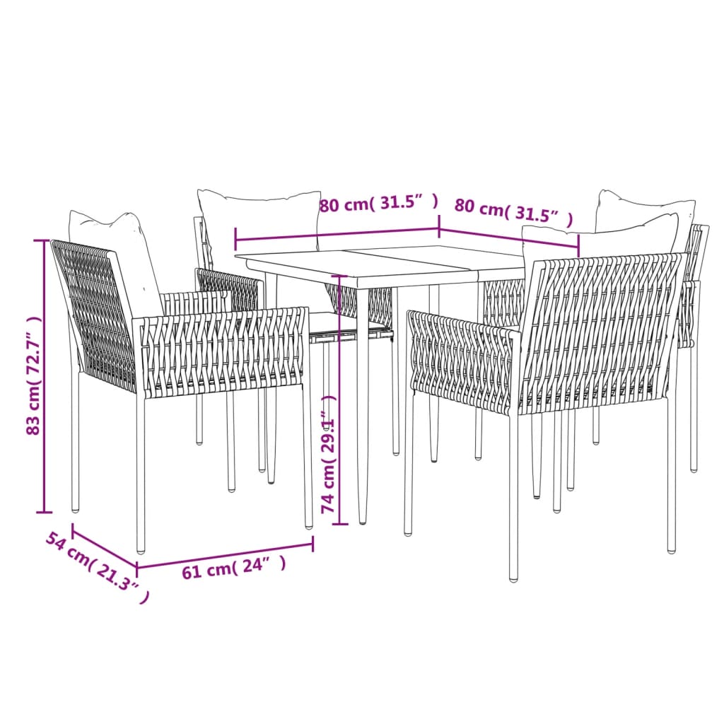 vidaXL 5-tlg. Garten-Essgruppe mit Kissen Poly Rattan und Stahl