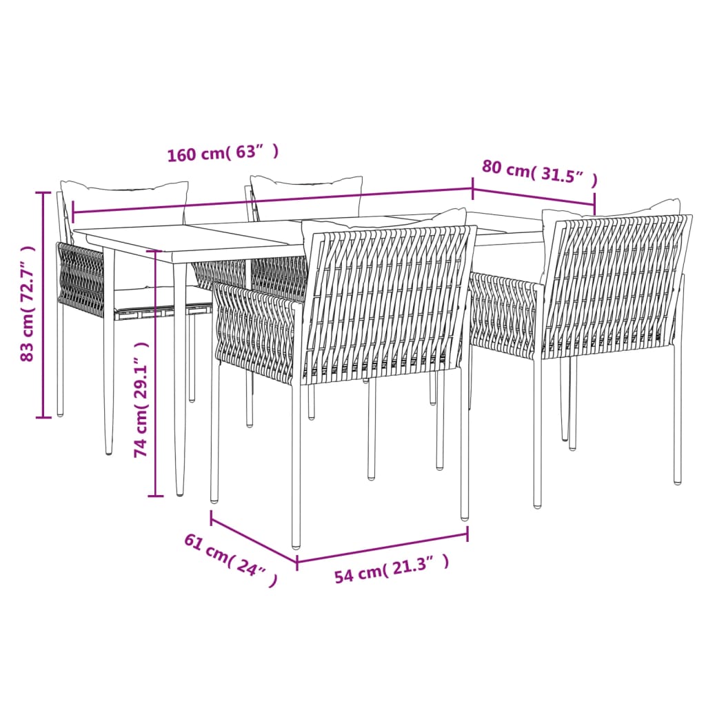 vidaXL 5-tlg. Garten-Essgruppe mit Kissen Poly Rattan und Stahl