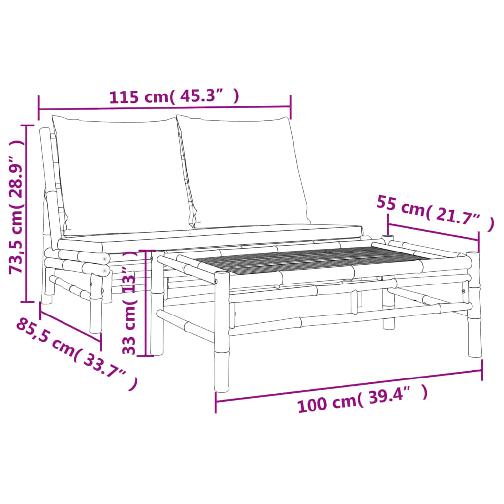 vidaXL Ensemble de jardin 2 pièces avec coussins crème bambou