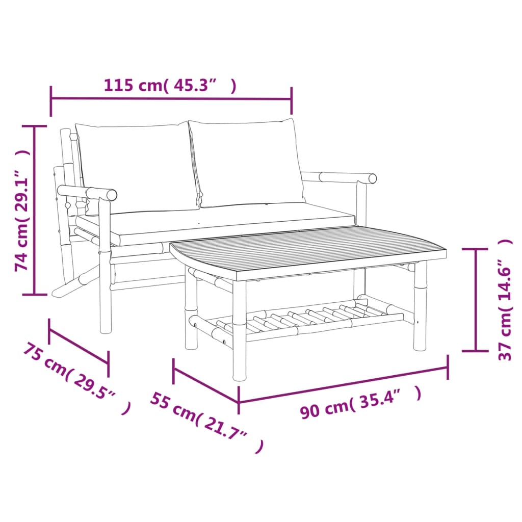 vidaXL Ensemble de jardin 2 pièces avec coussins crème bambou