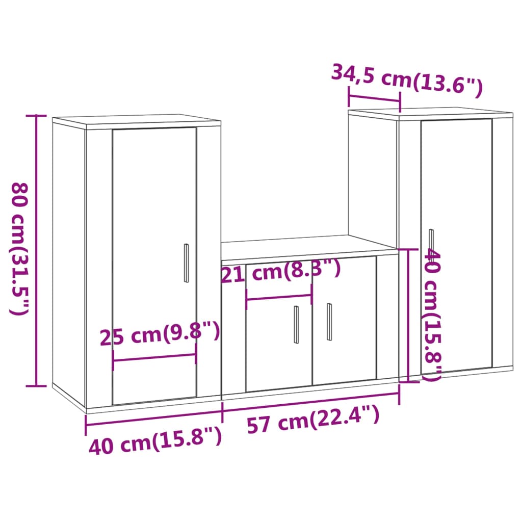 vidaXL 3-tlg. TV-Schrank-Set Braun Eichen-Optik Holzwerkstoff