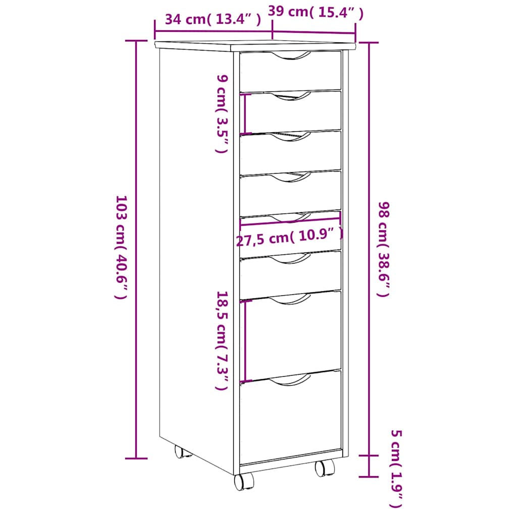 vidaXL Meuble de rangement à roulettes avec tiroirs MOSS Marron Miel Bois de pin massif