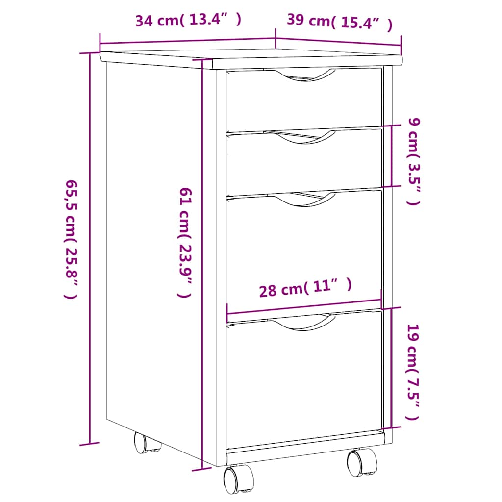 vidaXL Rollschrank mit Schubladen MOSS Weiß Massivholz Kiefer