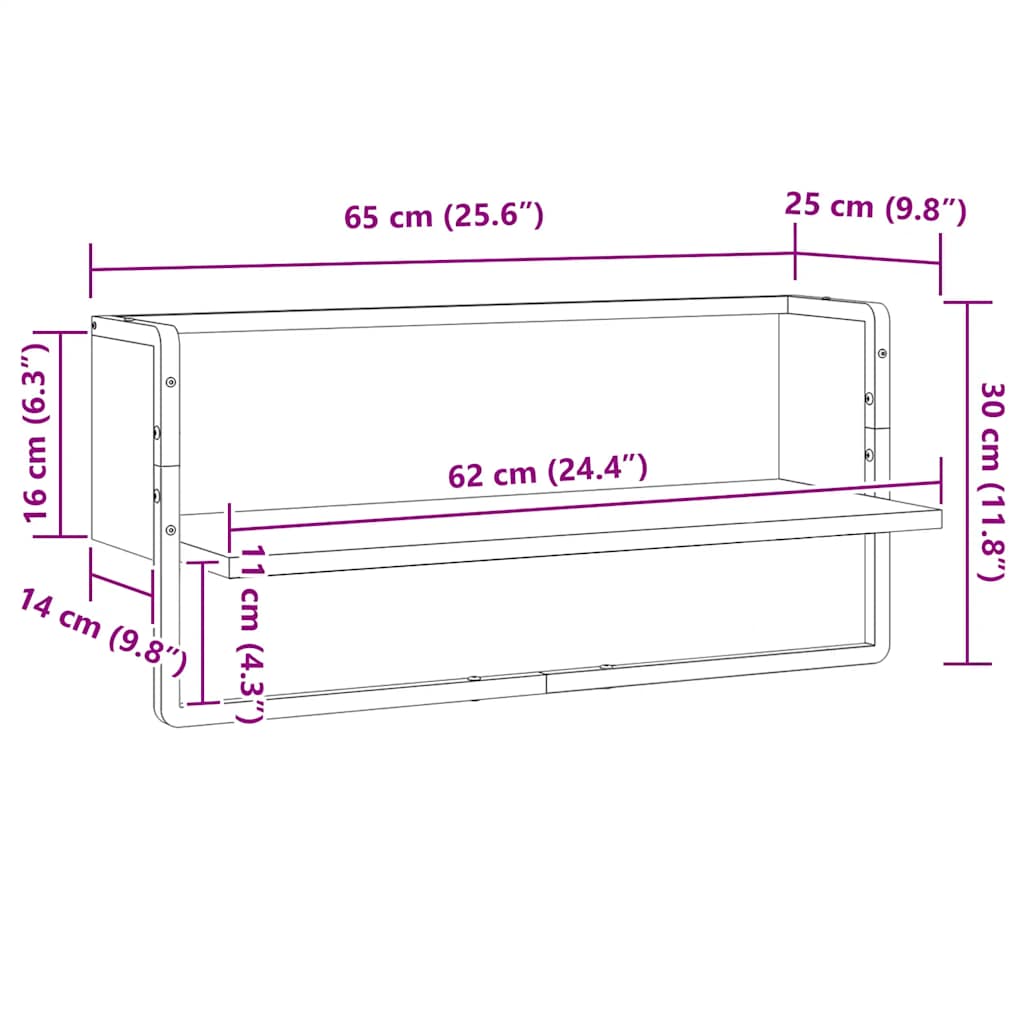 Wandregal mit Stange Grau Sonoma 65x25x30 cm