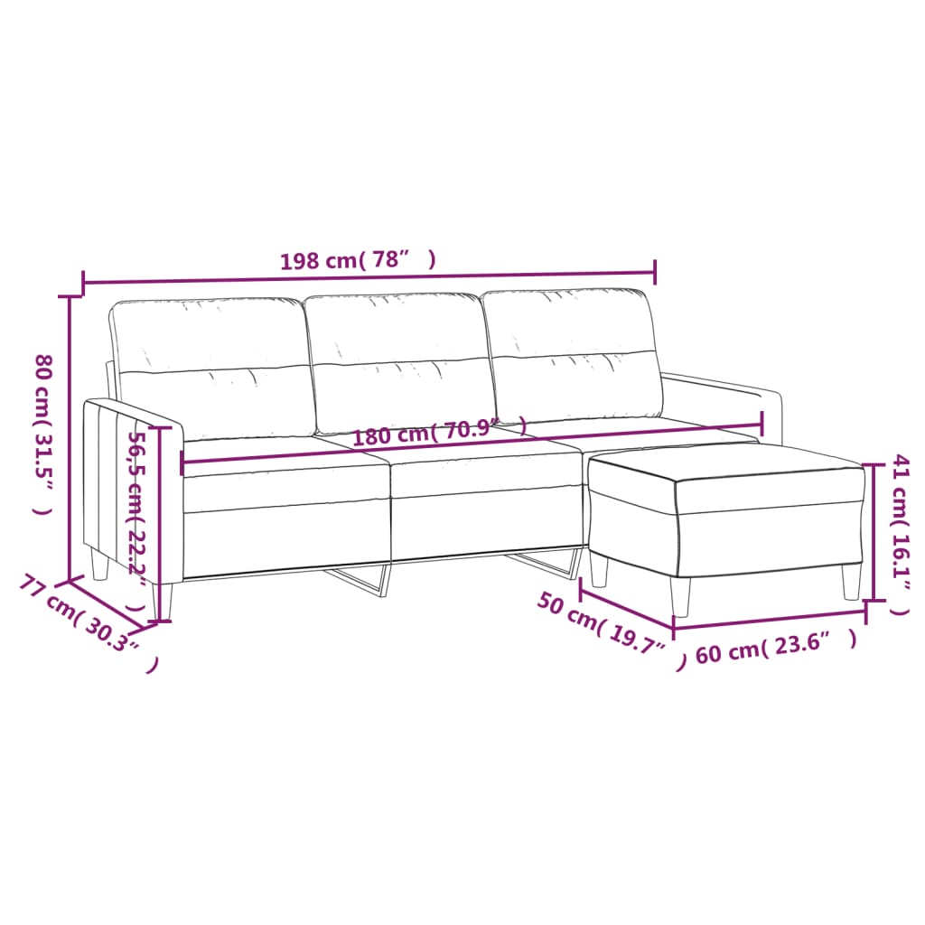 vidaXL 3-Sitzer-Sofa mit Hocker Creme 180 cm Stoff