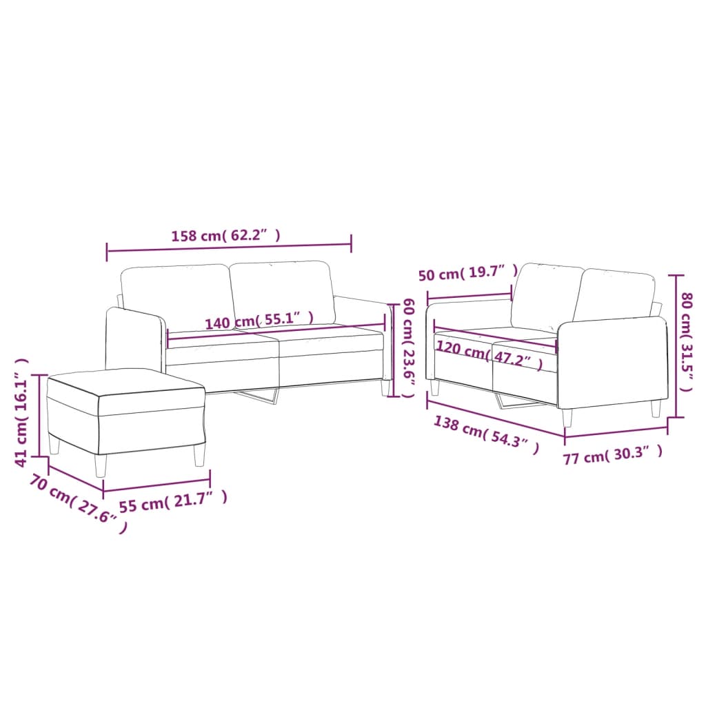 vidaXL 3-tlg. Sofagarnitur mit Kissen Creme Stoff