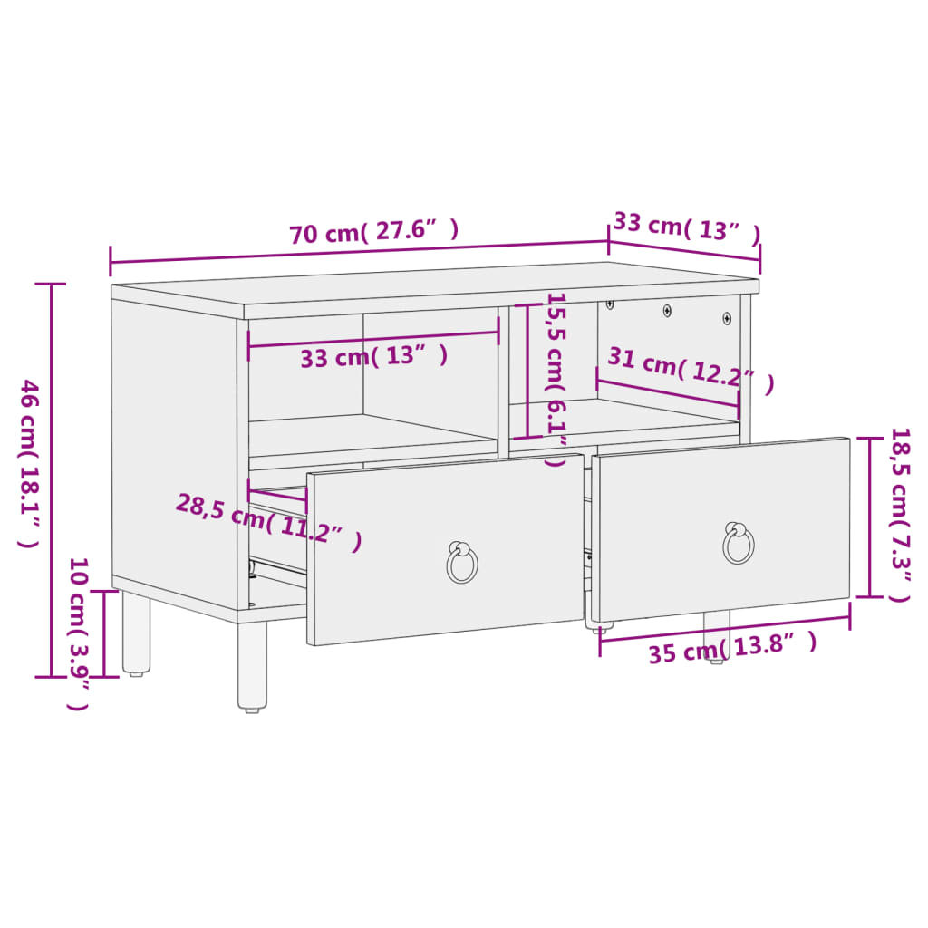 Meuble TV vidaXL 70x33x46 cm Bois de manguier massif