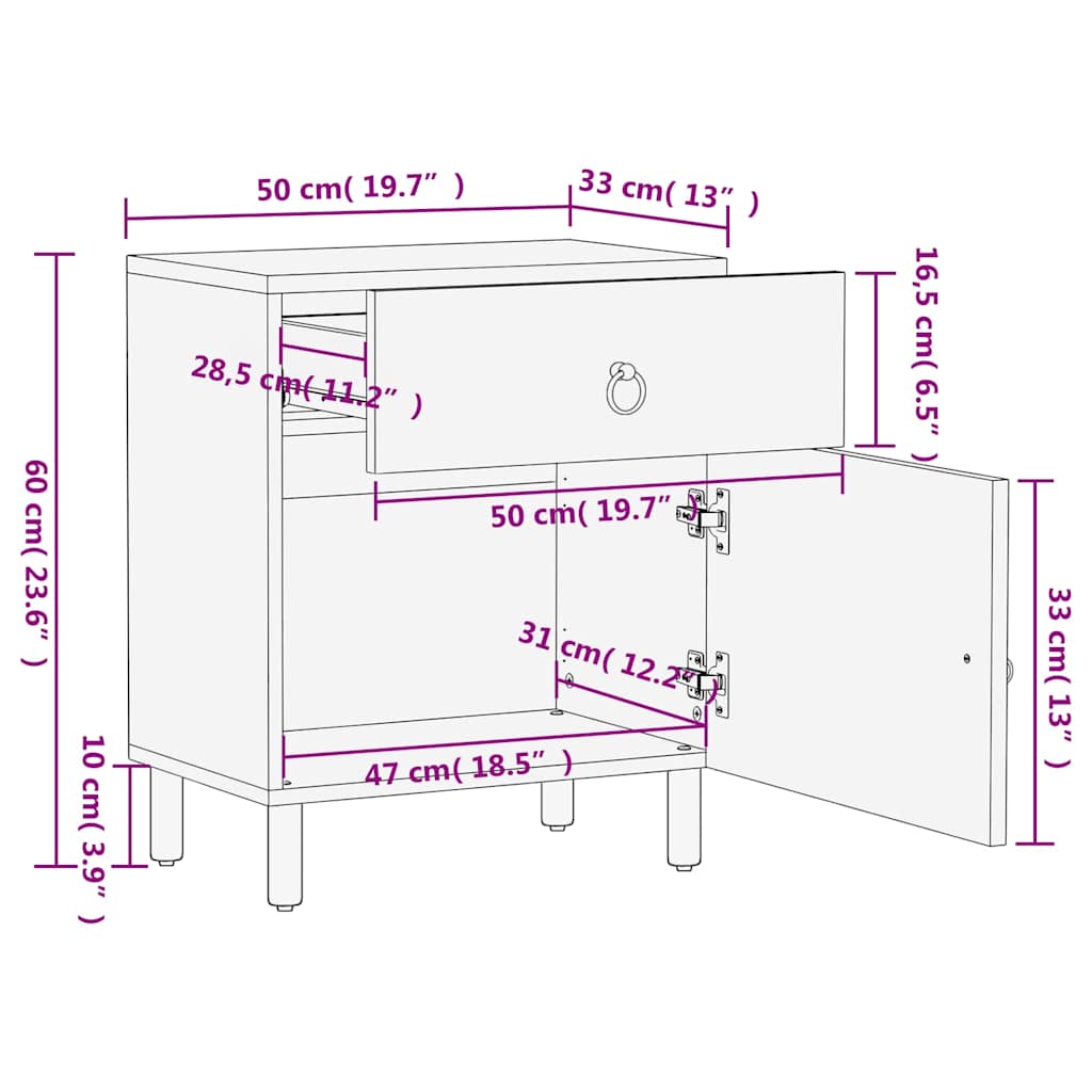 vidaXL Table de chevet 50x33x60 cm Bois de manguier massif