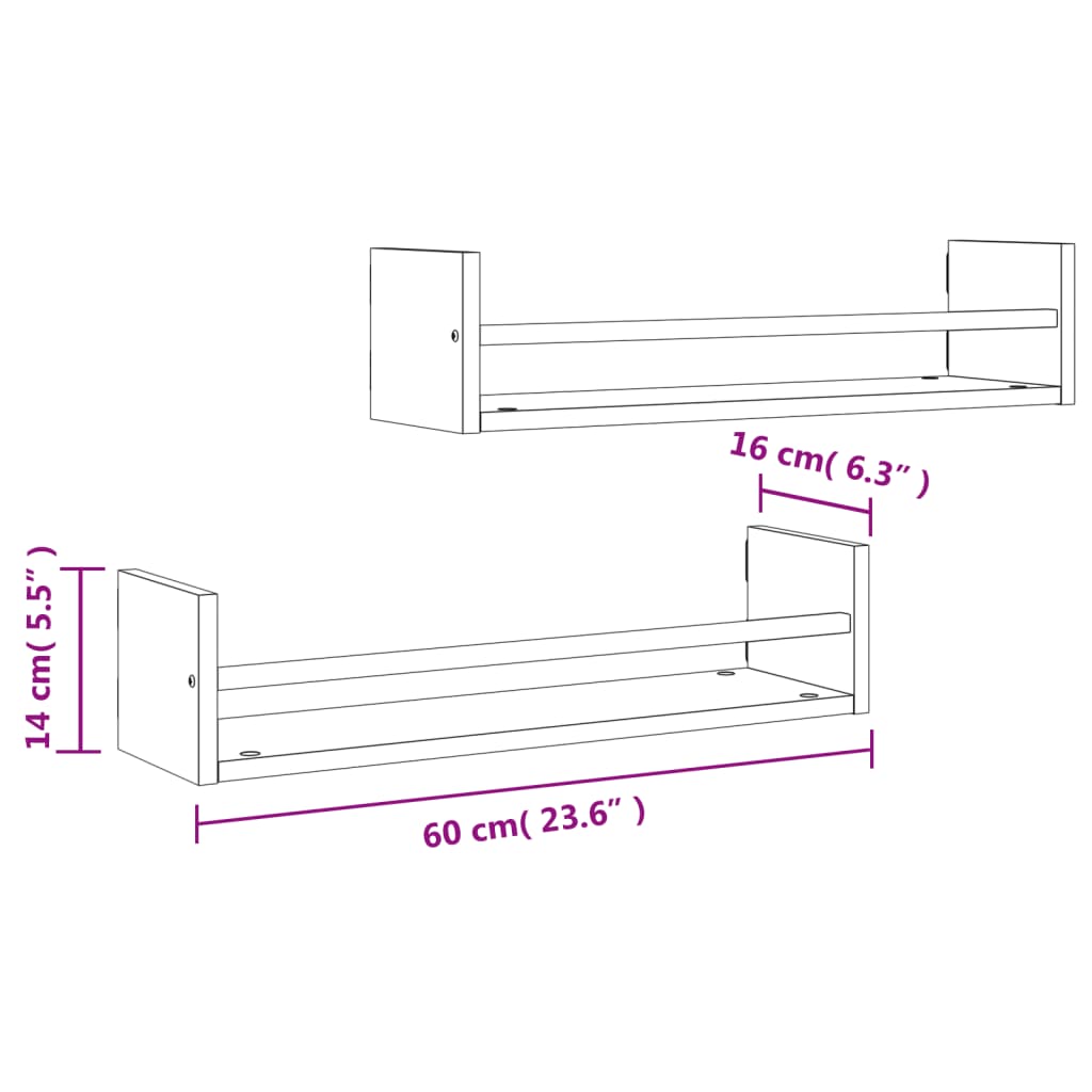 vidaXL Étagères murales avec tringles 2 pcs Chêne Sonoma 60x16x14 cm