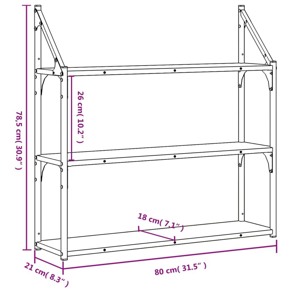 vidaXL Wandregal 3 Fächer Sonoma-Eiche 80x21x78,5 cm Holzwerkstoff