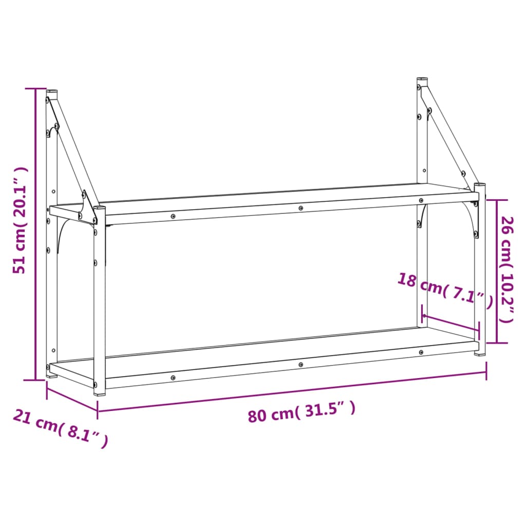vidaXL Wandregal 2 Fächer Räuchereiche 80x21x51 cm Holzwerkstoff