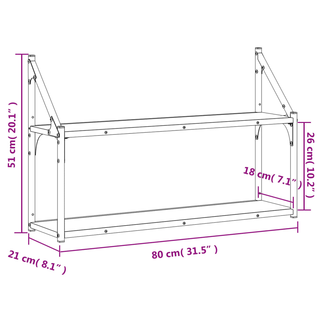 vidaXL Wandregal 2 Fächer Grau Sonoma 80x21x51 cm Holzwerkstoff