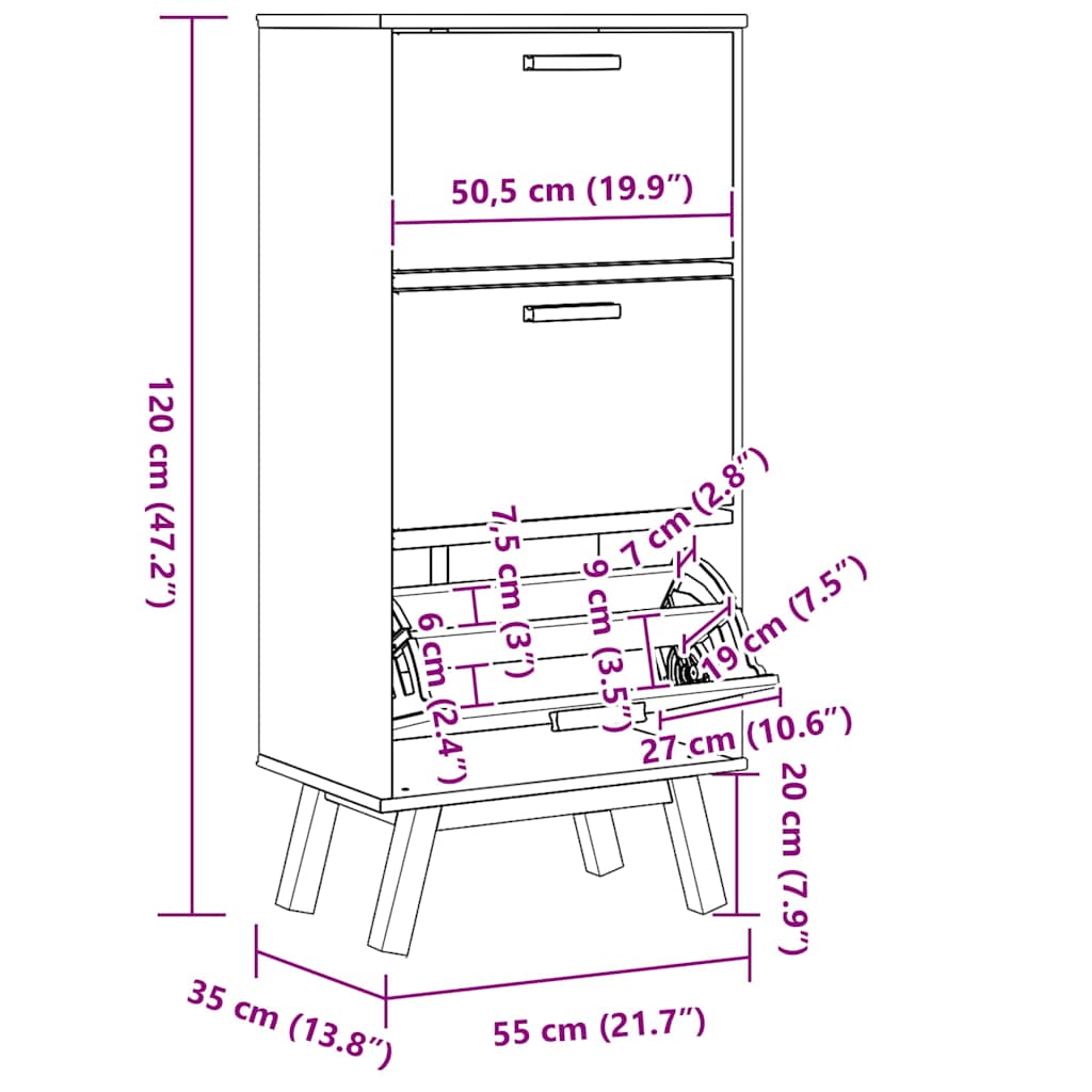 Schuhschrank OLDEN Grau und Braun 55x35x120cm Massivholz Kiefer