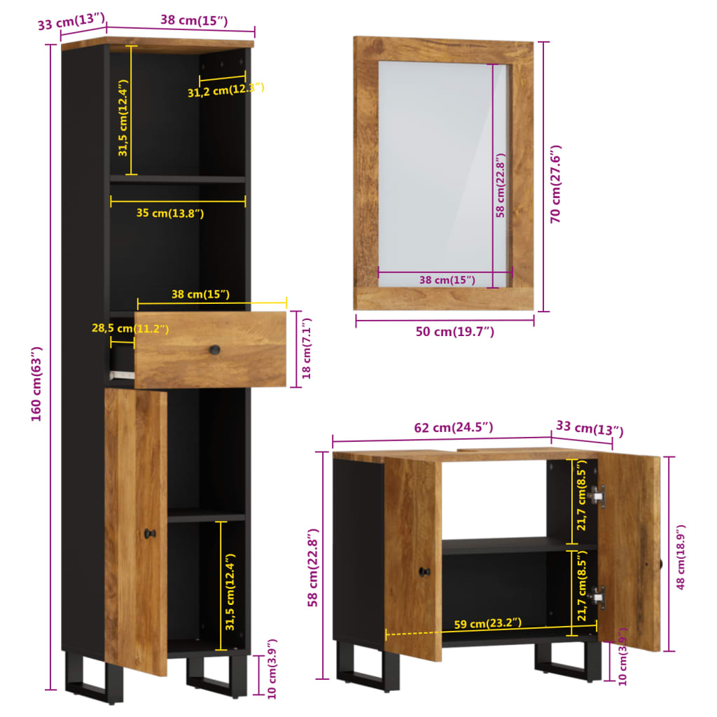 vidaXL Ensemble de meubles de salle de bain 3 pcs Bois de manguier massif