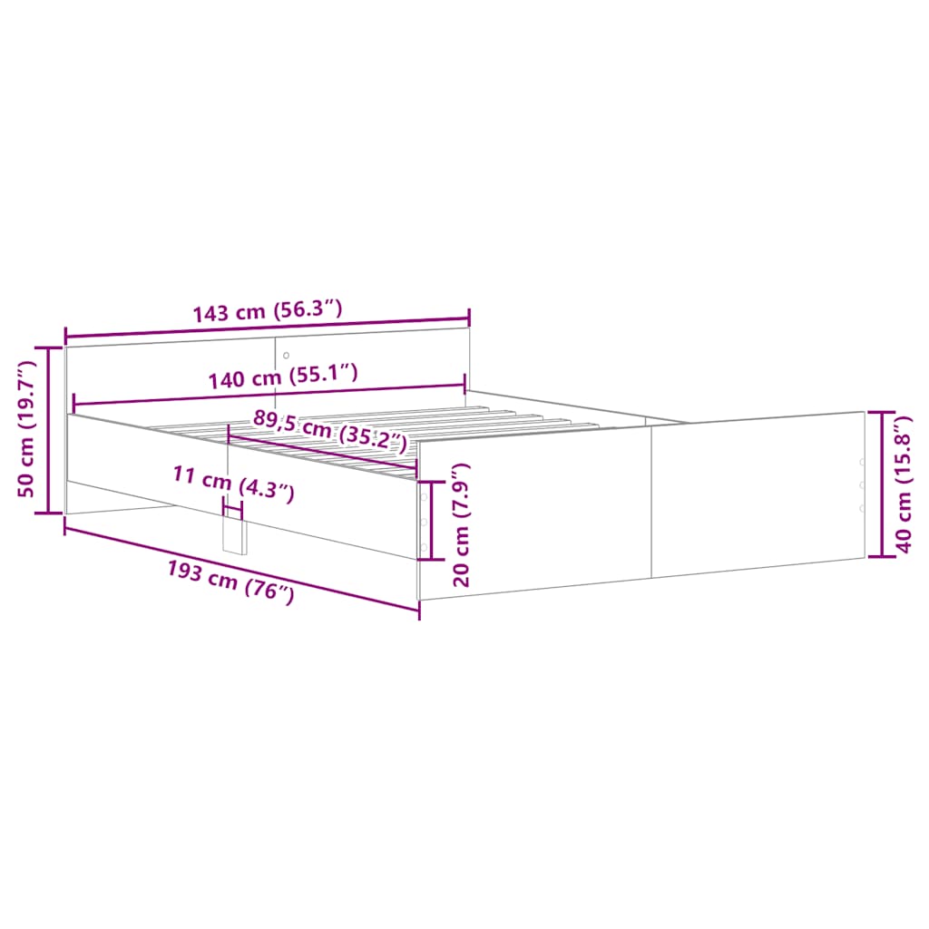 Bettgestell mit Kopf- und Fußteil Grau Sonoma 140x190 cm