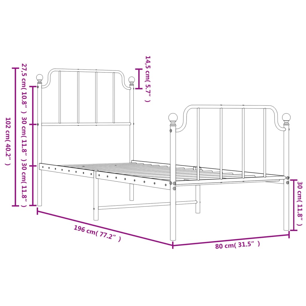 vidaXL Bettgestell mit Kopf- und Fußteil Metall Weiß 75x190 cm