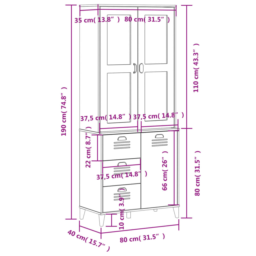 vidaXL Highboard VIKEN Schwarz 80x40x190 cm Massivholz Kiefer