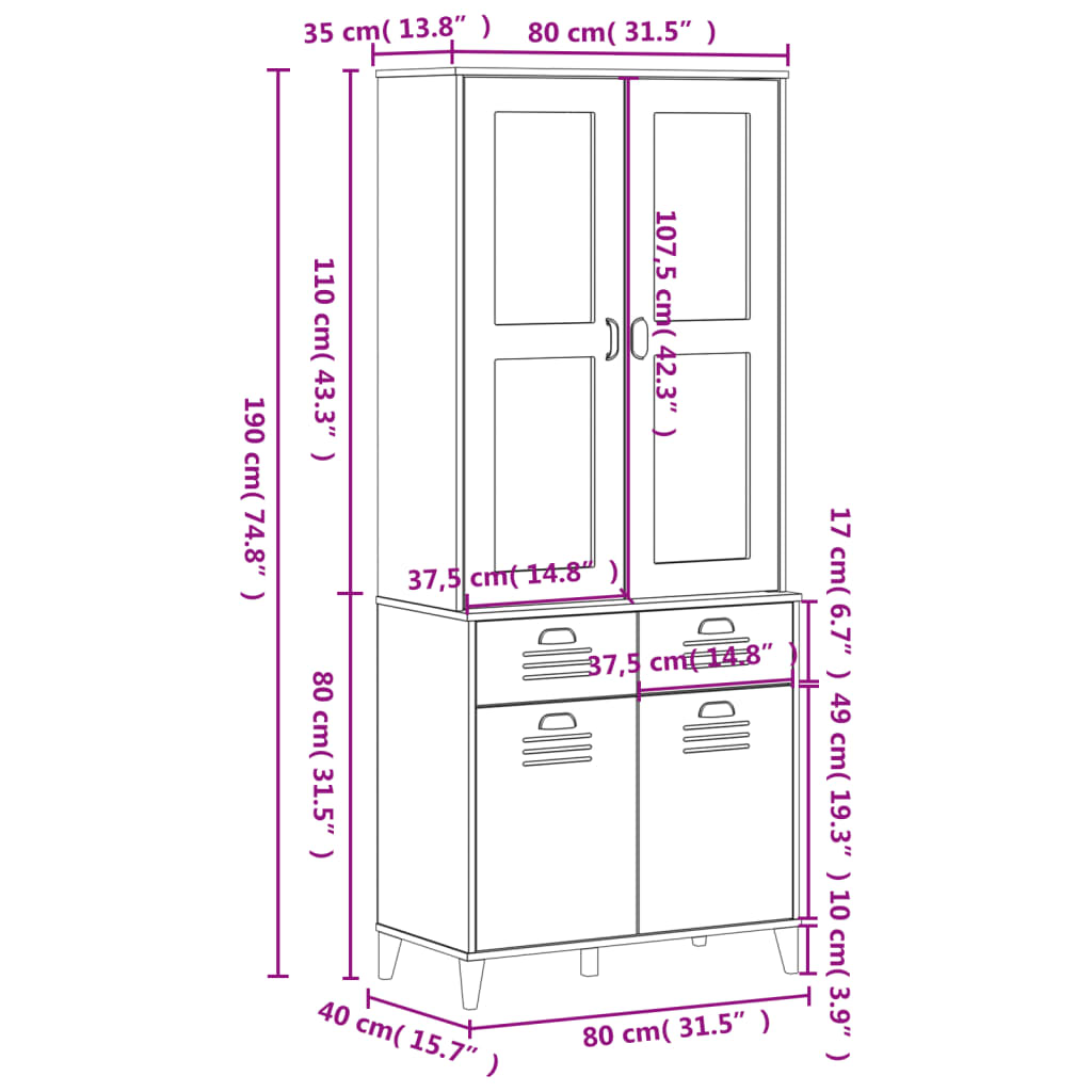 vidaXL Highboard VIKEN Schwarz 80x40x190 cm Massivholz Kiefer