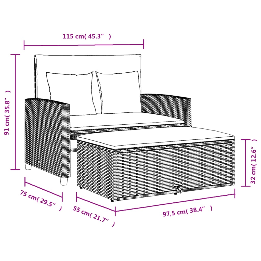 vidaXL Gartensofa mit Kissen 2-Sitzer Schwarz Poly Rattan