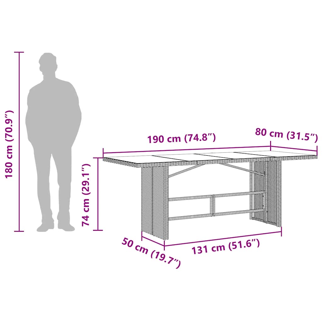 vidaXL Table de jardin avec plateau en verre Noir 190x80x74 cm Résine tressée