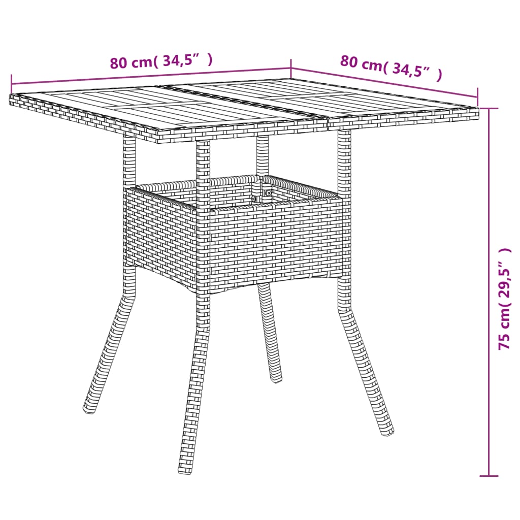 Table de jardin vidaXL avec plateau en bois noir 80x80x75 cm en résine tressée