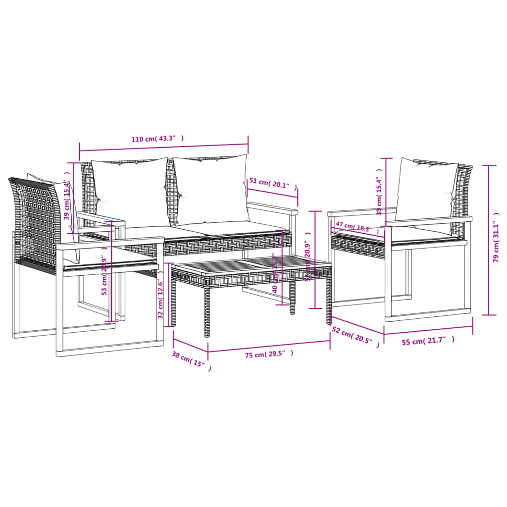 vidaXL 4-tlg. Garten-Lounge-Set mit Kissen Beige Poly Rattan