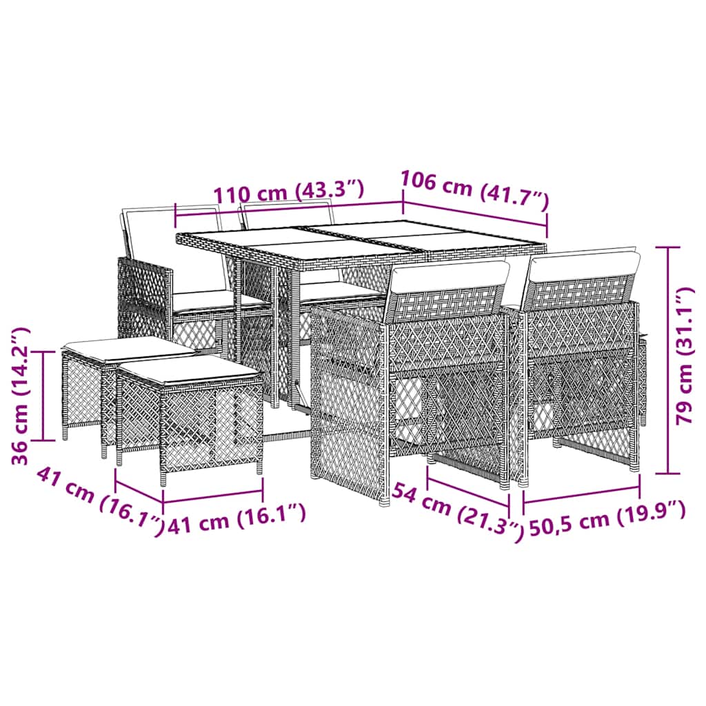 9-tlg. Garten-Essgruppe mit Kissen Schwarz Poly Rattan