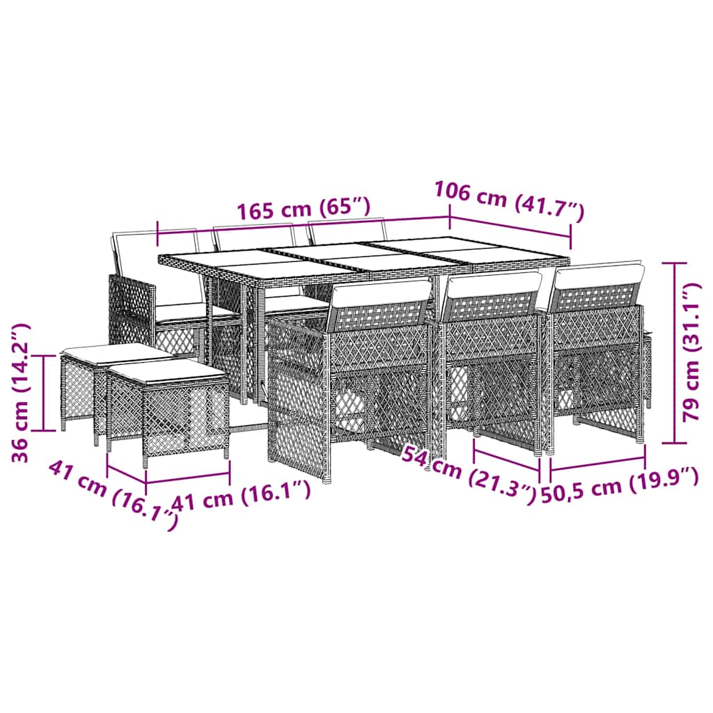 11-tlg. Garten-Essgruppe mit Kissen Braun Poly Rattan