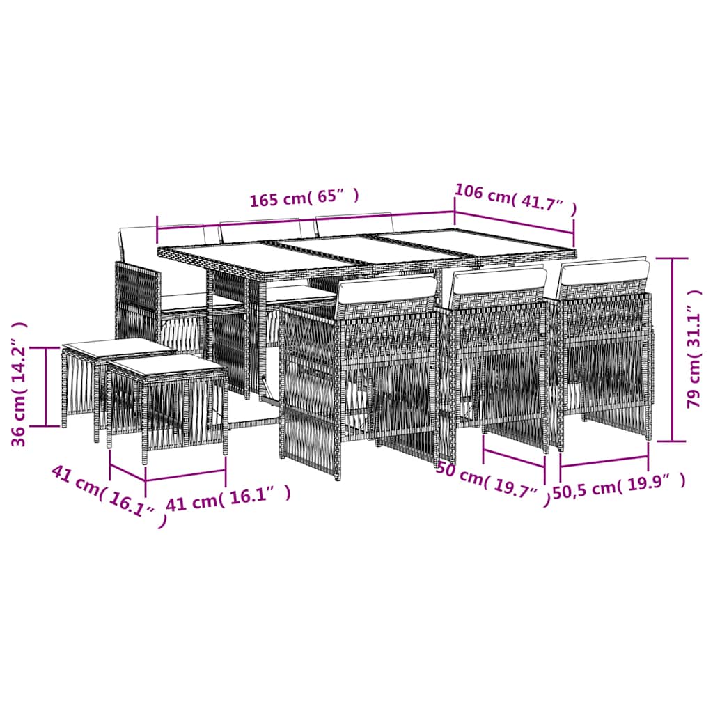 11-tlg. Garten-Essgruppe mit Kissen Grau Poly Rattan