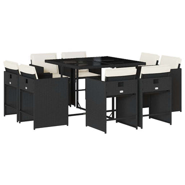 vidaXL 9-tlg. Garten-Essgruppe mit Kissen Schwarz Poly Rattan