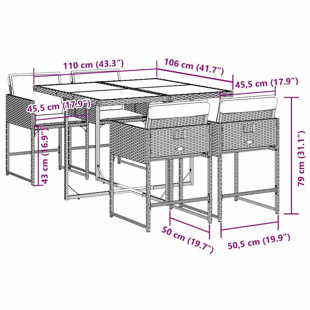 vidaXL 5-tlg. Garten-Essgruppe mit Kissen Grau Poly Rattan