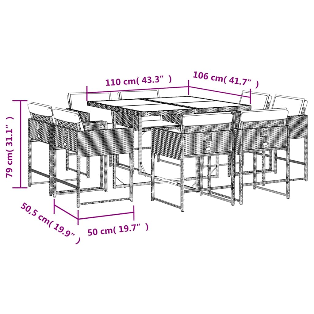 vidaXL 9-tlg. Garten-Essgruppe mit Kissen Schwarz Poly Rattan