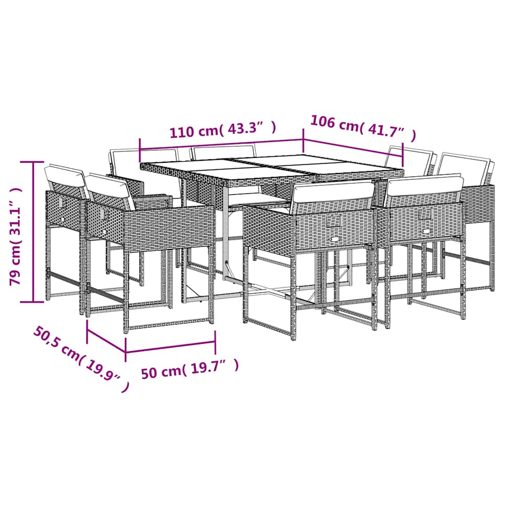 vidaXL 9-tlg. Garten-Essgruppe mit Kissen Grau Poly Rattan
