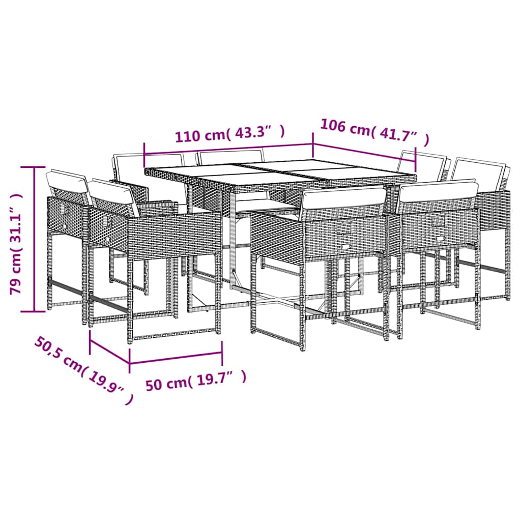 vidaXL 9-tlg. Garten-Essgruppe mit Kissen Braun Poly Rattan