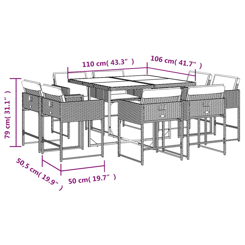 vidaXL 9-tlg. Garten-Essgruppe mit Kissen Beige Poly Rattan